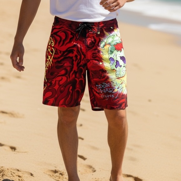 Ed Hardy by Christian Audigier Vintage Size M Surf or Die Shorts Red Dragon